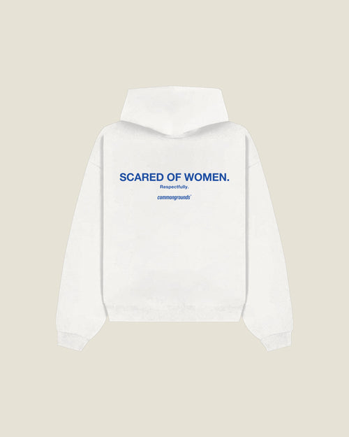 Scared Of Women. Respectfully Hoodie in white, back print