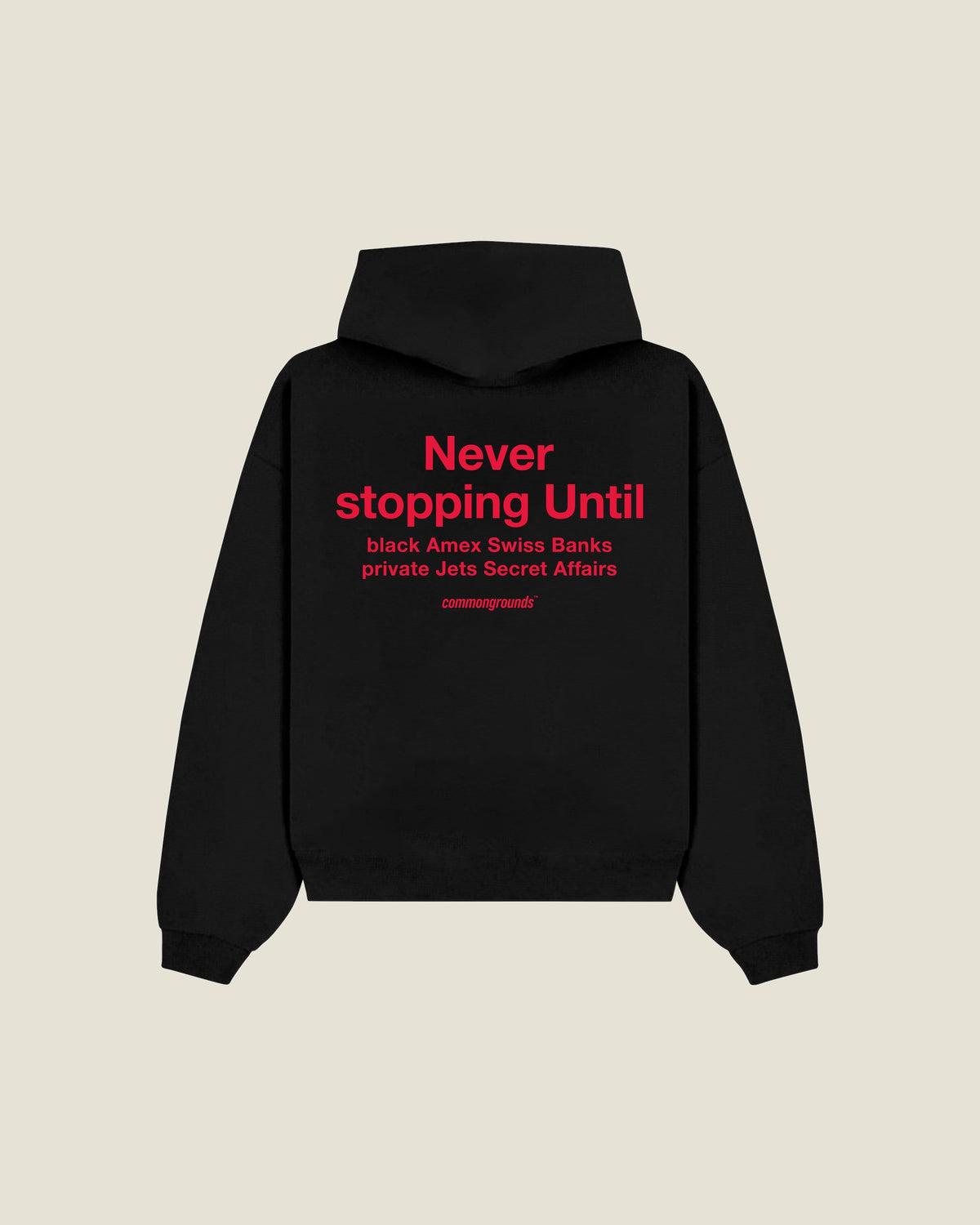 Never Stopping Until Black Amex Swiss Banks Private Jets Secret Affairs Hoodie in black, back print