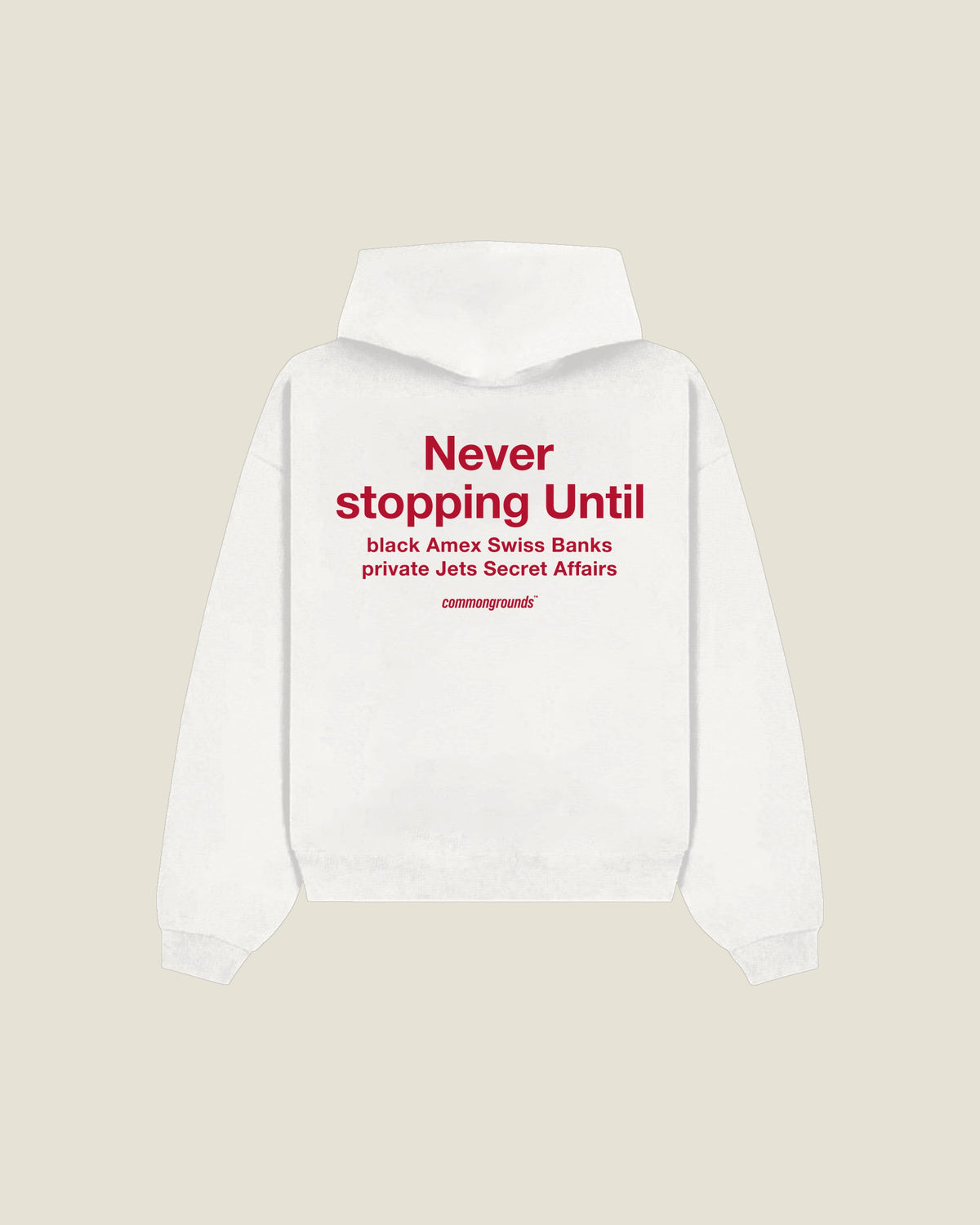 Never Stopping Until Black Amex Swiss Banks Private Jets Secret Affairs Hoodie in white, back print