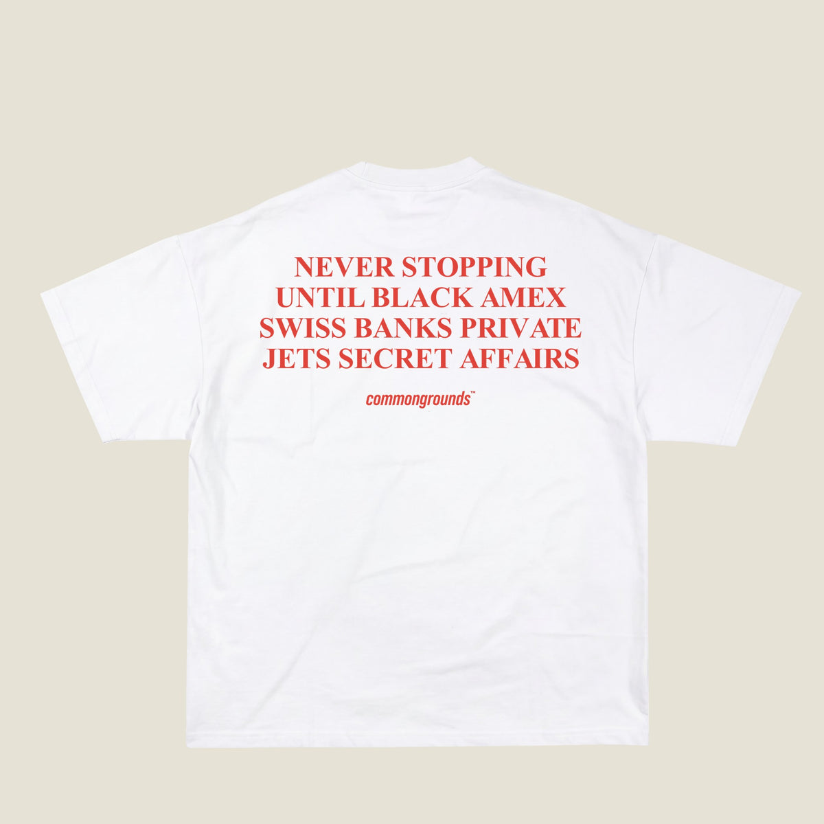 NEVER STOPPING UNTIL BLACK AMEX SWISS BANKS PRIVATE JETS SECRET AFFAIRS Tee in white, back print