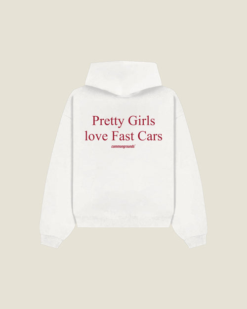 Pretty Girls Love Fast Cars Hoodie in white, back print