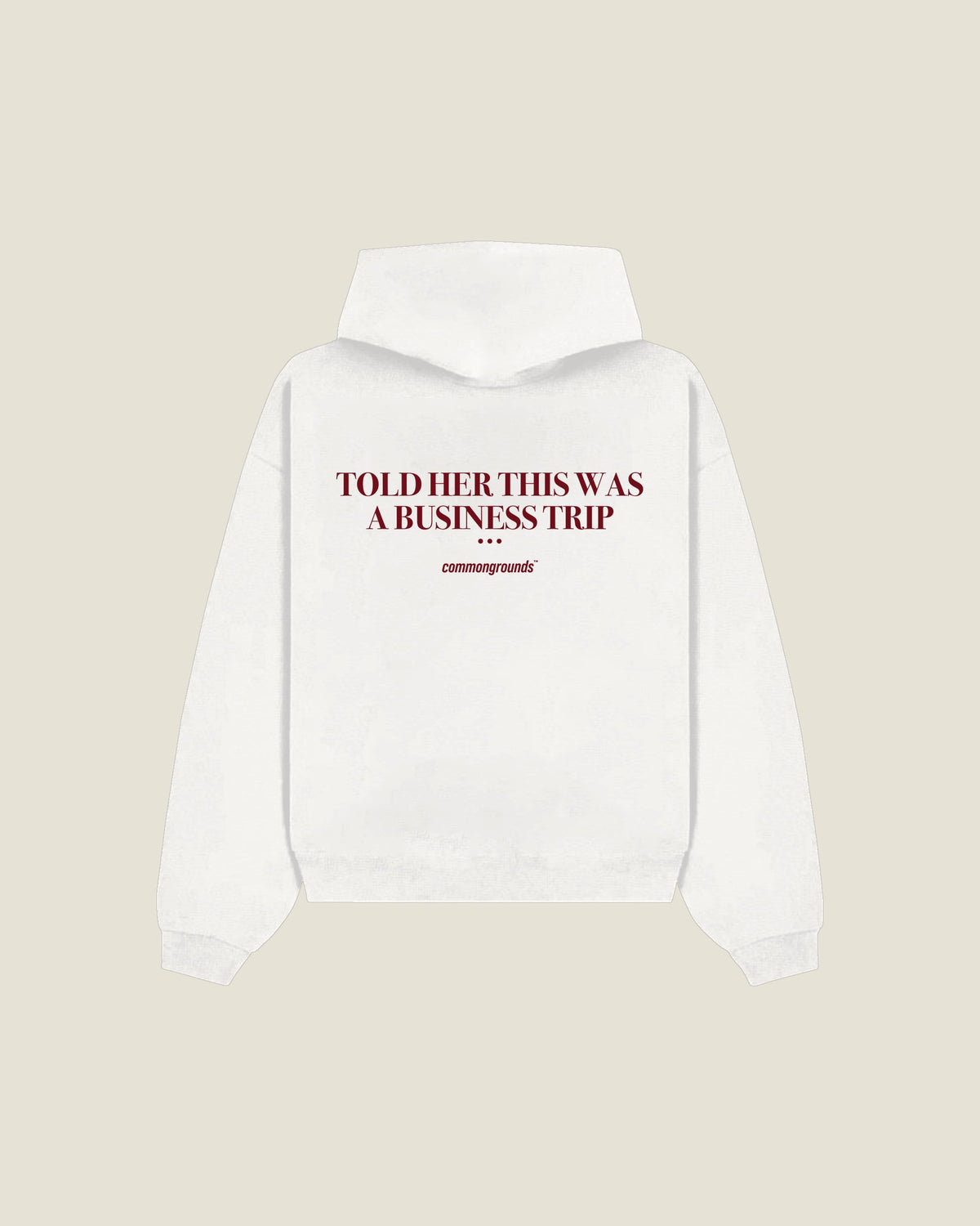 Told Her This Was A Business Trip Hoodie in white, back print