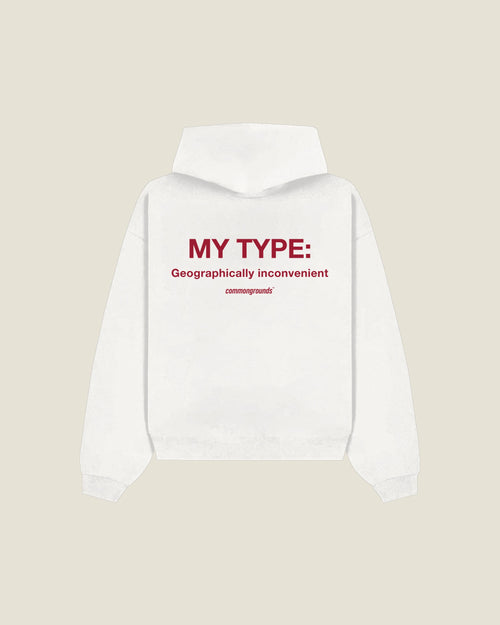 My Type: Geographically Inconvenient Hoodie in white, back print