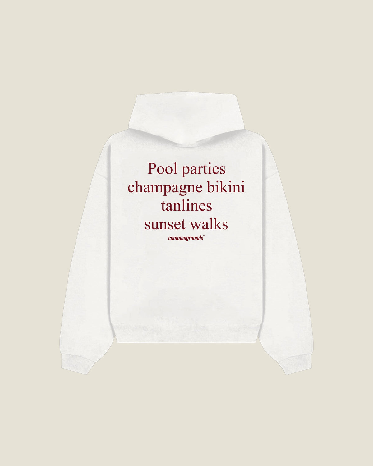 Pool Parties Champagne Bikini Tanlines Sunset Walks Hoodie in white, back print