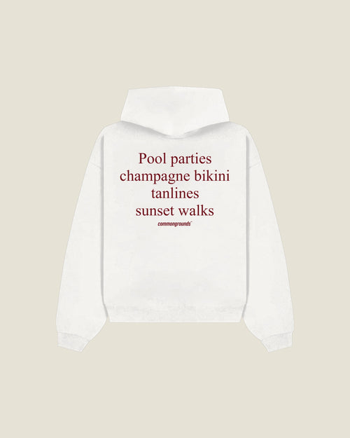 Pool Parties Champagne Bikini Tanlines Sunset Walks Hoodie in white, back print