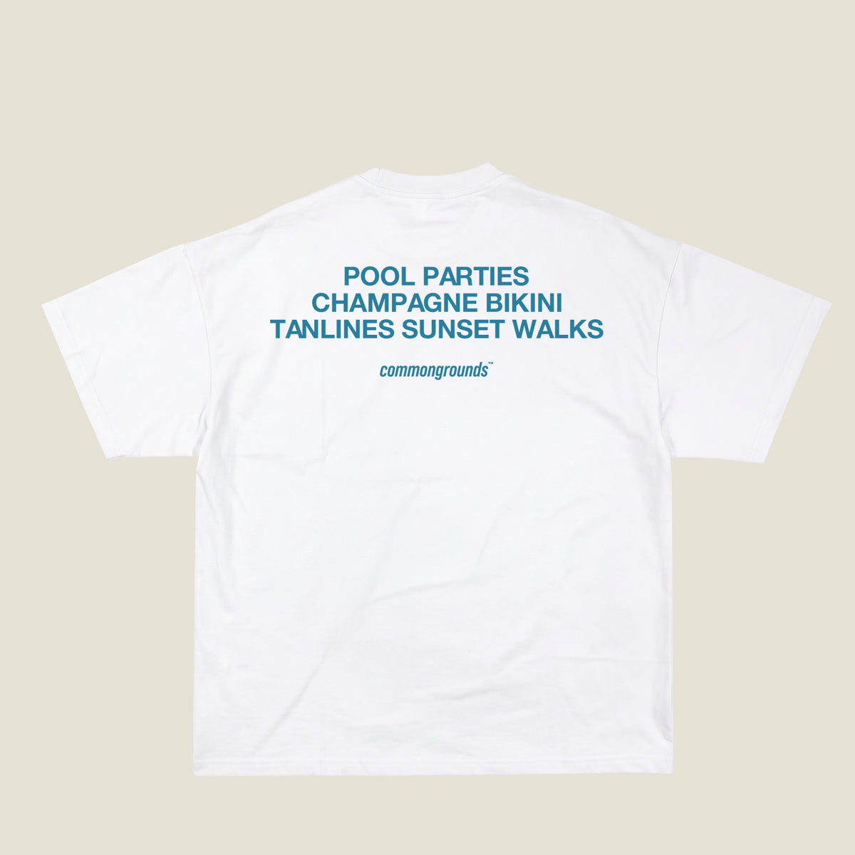 POOL PARTIES CHAMPAGNE BIKINI TANLINES SUNSET WALKS Tee in white, back print