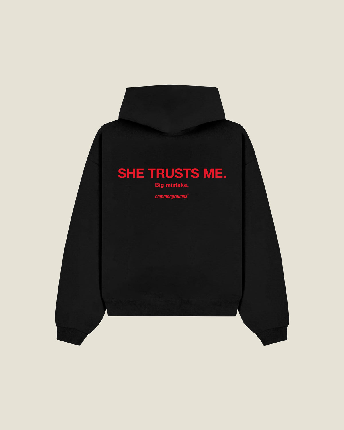 She Trusts Me. Big Mistake Hoodie in black, back print