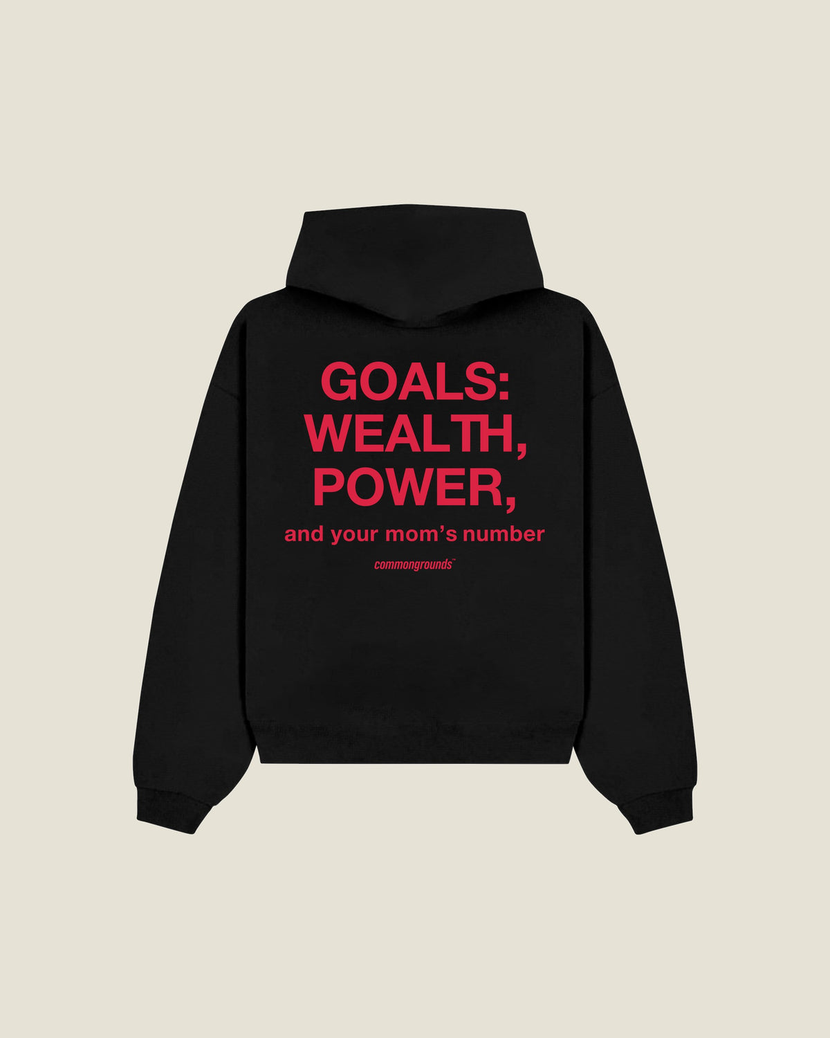 Goals: Wealth, Power, And Your Mom's Number Hoodie in black, back print