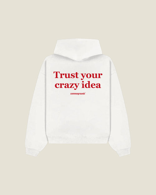 Trust Your Crazy Idea Hoodie in white, back print