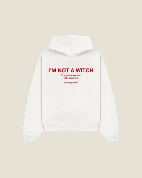 I'm Not A Witch I'm Just A Woman With Opinions Hoodie in white, back print
