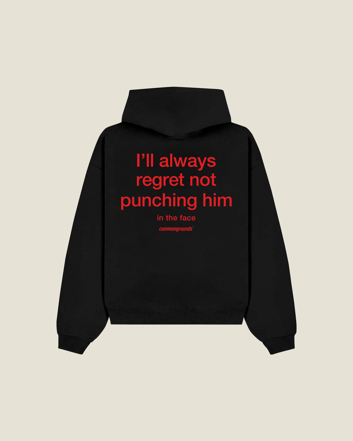 I'll Always Regret Not Punching Him In The Face Hoodie in black, back print