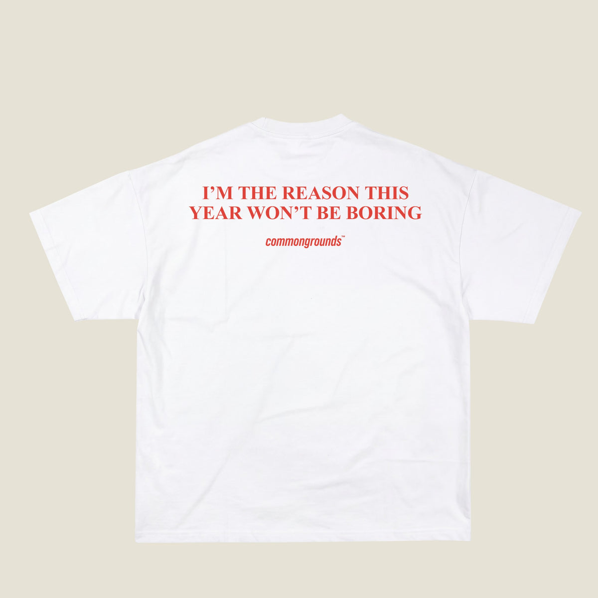 I'M THE REASON THIS YEAR WON'T BE BORING Tee in white, back print