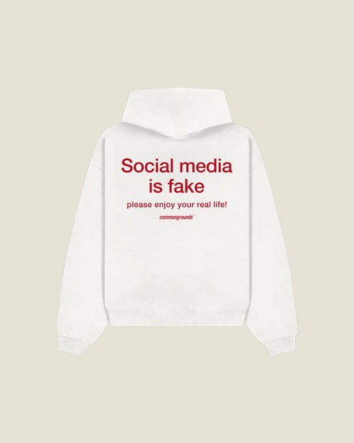 Social Media Is Fake Please Enjoy Your Real Life Hoodie in white, back print