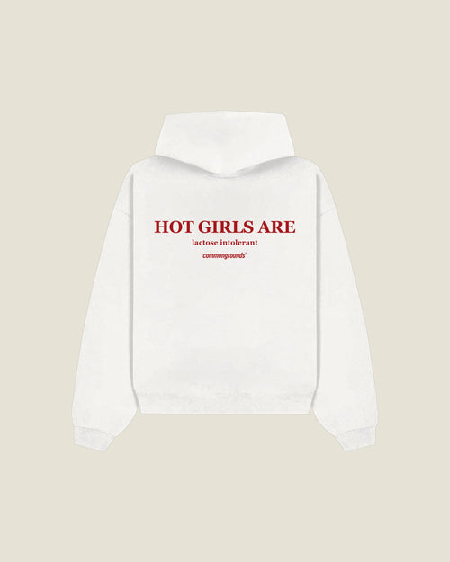 Hot Girls Are Lactose Intolerant Hoodie in white, back print
