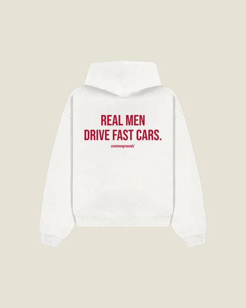 Real Men Drive Fast Cars Hoodie in white, back print