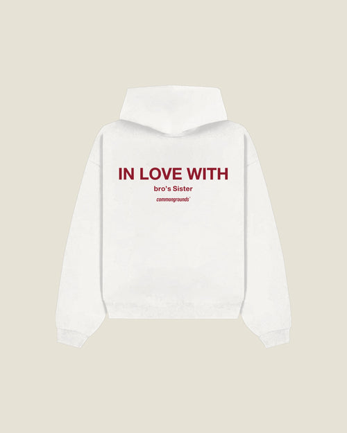 In Love With Bro's Sister Hoodie in white, back print