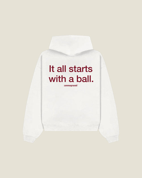 It All Starts With A Ball Hoodie in white, back print