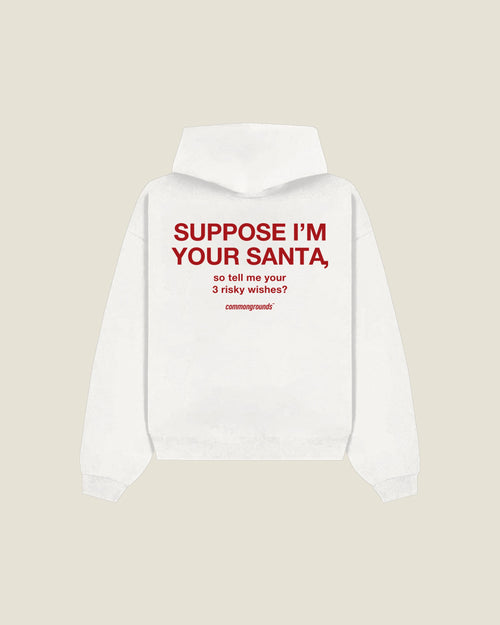 Suppose I'm Your Santa, So Tell Me Your 3 Risky Wishes? Hoodie in white, back print