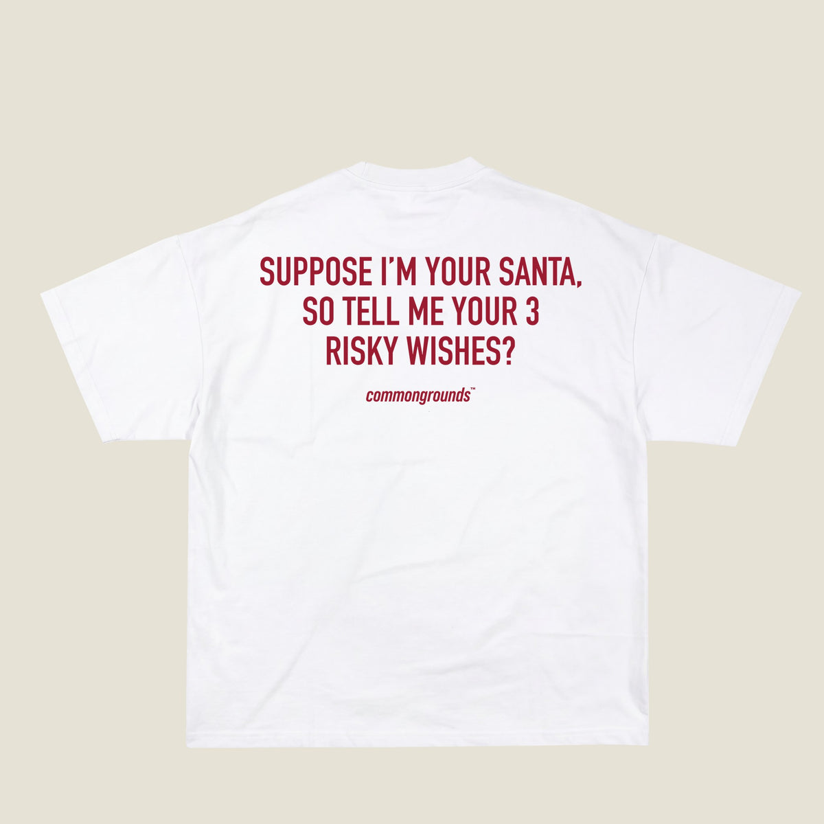 SUPPOSE I'M YOUR SANTA, SO TELL ME YOUR 3 RISKY WISHES? Tee in white, back print