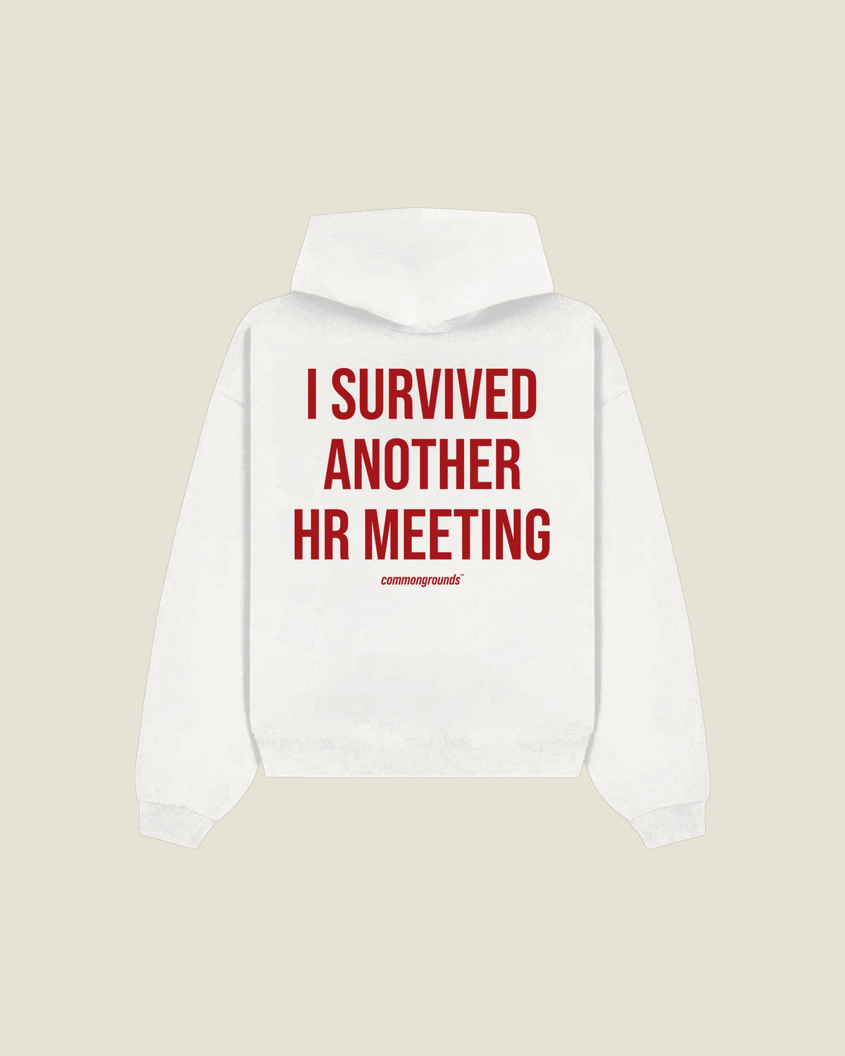 I Survived Another Hr Meeting Hoodie in white, back print