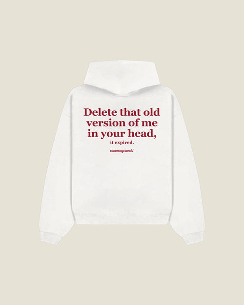 Delete That Old Version Of Me In Your Head, It Expired Hoodie in white, back print