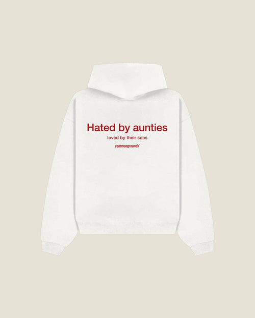 Hated By Aunties Loved By Their Sons Hoodie in white, back print