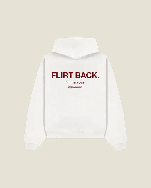 Flirt Back. I'm Nervous Hoodie in white, back print