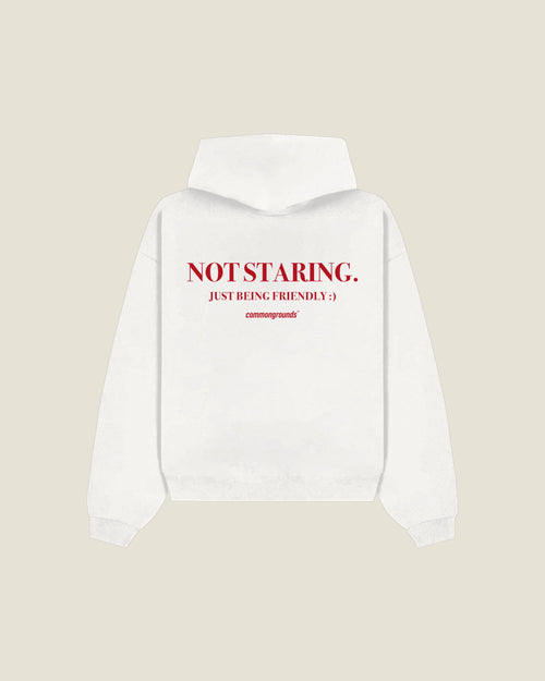 Not Staring. Just Being Friendly :) Hoodie in white, back print